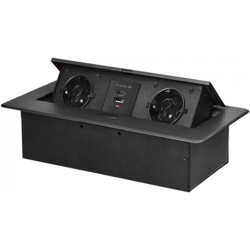 Orno Furniture socket recessed into the table top with flat milled edge and USB charger, 2x2P+Z (Schuko), 2xUSB (type A+C 3.6A),
