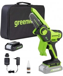 Chainsaw Greenworks G24MCS10K2 24 V 1x2.0 Ah battery.