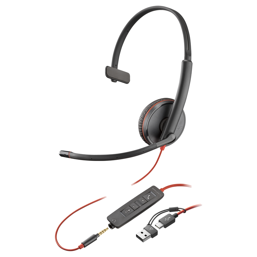 Hewlett Packard (HP) HP Poly Blackwire 3215 Vienpusės USB-C Ausinės +3.5mm Plug +USB-C/A Adapteris (Bulk)
