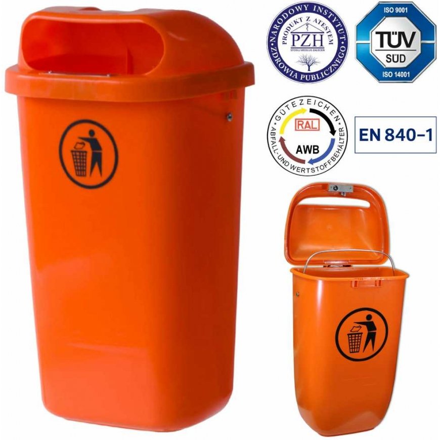 Europlast Austria Street waste bin, urban waste container, mounted on pole or wall, DIN 50L - orange – 2