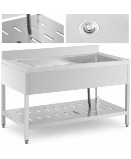 Royal Catering Single bowl sink with shelf and rim, right, 140 x 70 x 94.5 cm