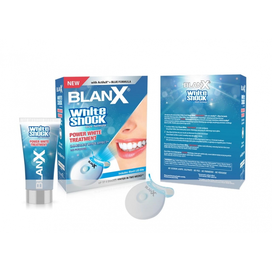 Dantų balinimo rinkinys Blanx Pasta Baltas Shock Treatment + Capa Led Bite, 50 ml – 2