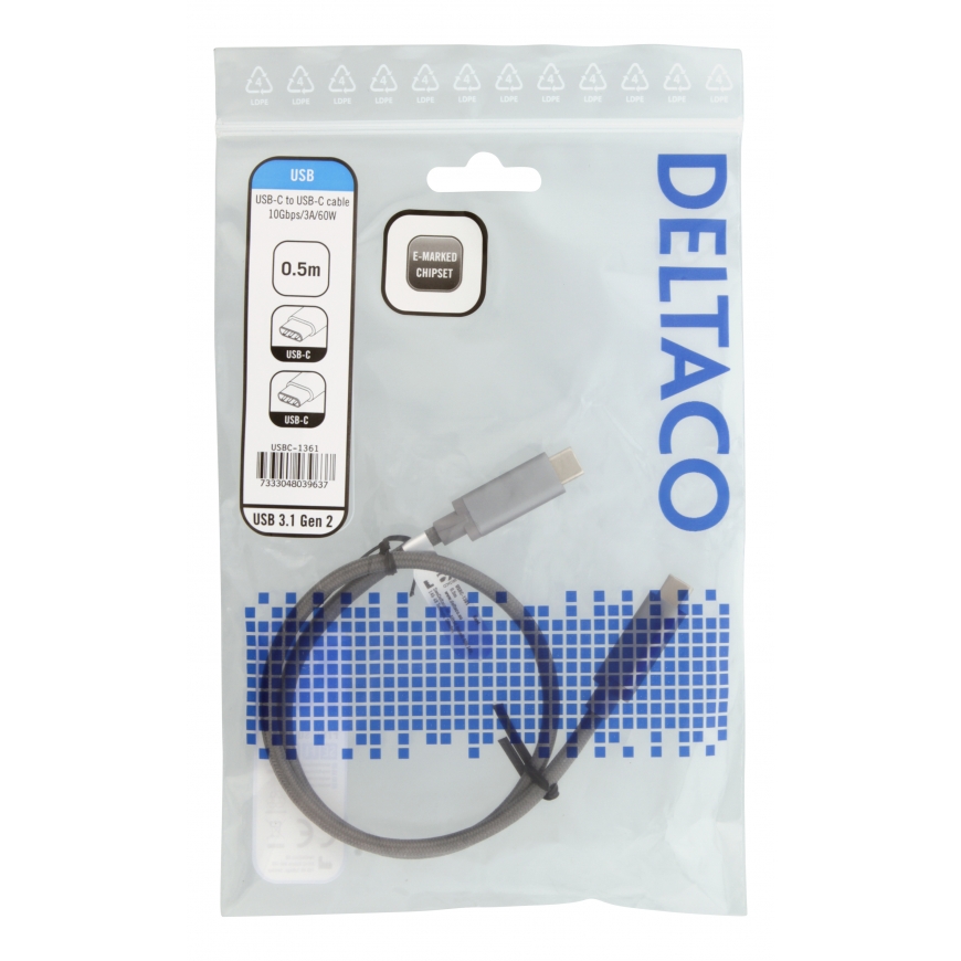 Deltaco USBC-1361 USB cable 0.5 m USB 3.2 Gen 2 (3.1 Gen 2) Grey – 2