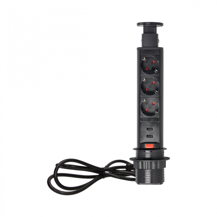 Orno Furniture socket ?6cm pulls out from the tabletop with USB charger, lock and 1.8m cable, 3x2P+Z (Schuko), black