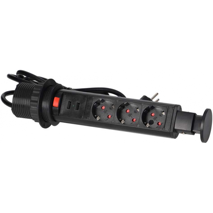 Orno Furniture socket ?6cm pulls out from the tabletop with USB charger, lock and 1.8m cable, 3x2P+Z (Schuko), black – 2