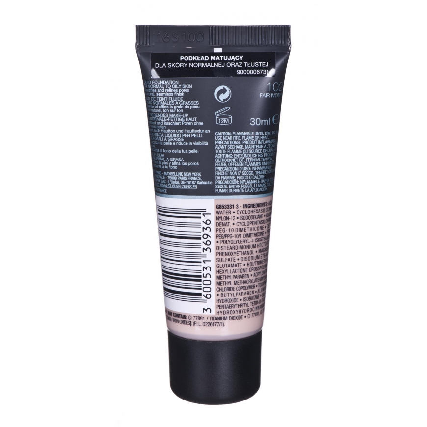 Maybelline Fit Me Matte & Poreless 102 Fair Ivory Vamzdelis Skystis 30 ml