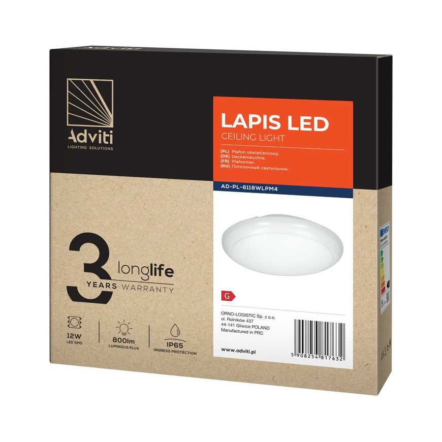 Orno LAPIS LED 12W, ceiling lighting, 800lm, IP65, 4000K, IK10, opal polycarbonate, white – 2