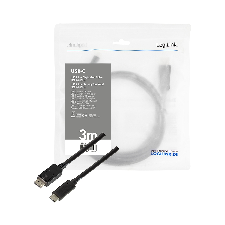 LogiLink UA0336 vaizdo kabelio adapteris 3 m C tipo USB DisplayPort Juoda – 3