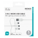 Deltaco IPLH-441 USB-kaabel 1 m USB 2.0 USB A USB C/Micro USB A/Lightning Valge Deltaco IPLH-441 USB-kaabel 1 m USB 2.0 USB A USB C/Micro USB A/Lightning Valge