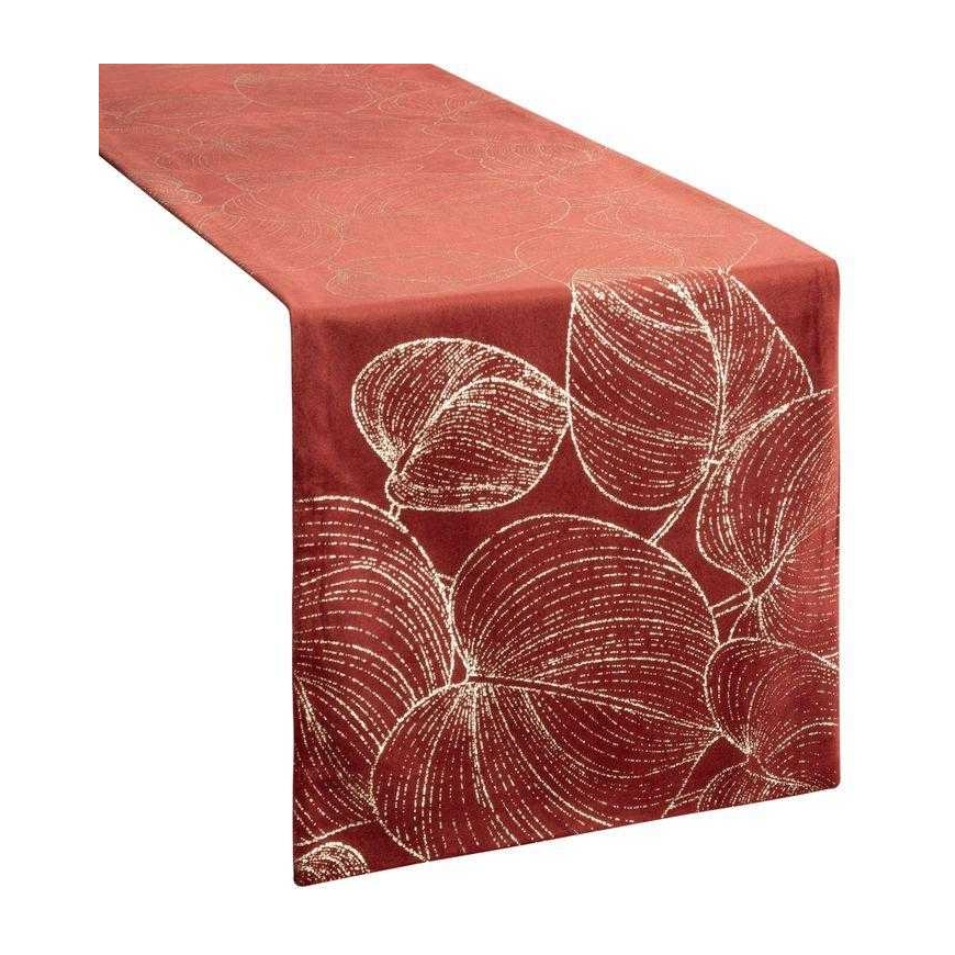 Eurofirany BLINK / 16 Aksominis stalo takelis su didelių lapų raštu, 35X220 cm, spalva: plytų – 2