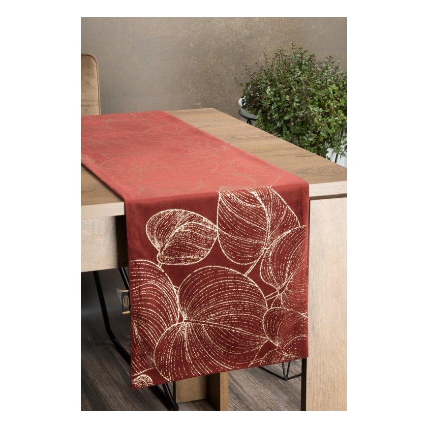 Eurofirany BLINK / 16 Velvet table runner with large leaf pattern, 35X220 cm, color: brick – 4