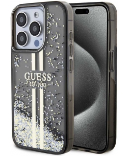 Original Front Panel Case GUESS GUHCP15LLFCSEGK for iPhone 15 Pro (Liquid Glitter Gold Stripes / Black)