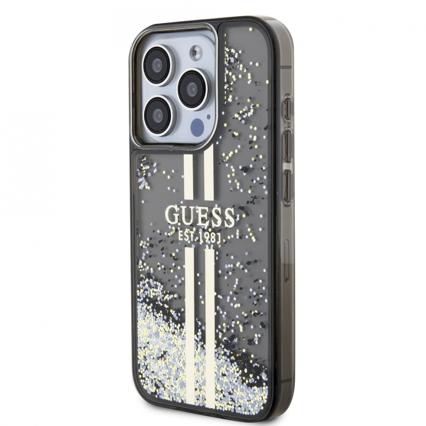 Originalus priekinio skydelio dėklas GUESS GUHCP15LLFCSEGK, skirtas iPhone 15 Pro (Liquid Glitter Gold Stripes / juodas) – 2