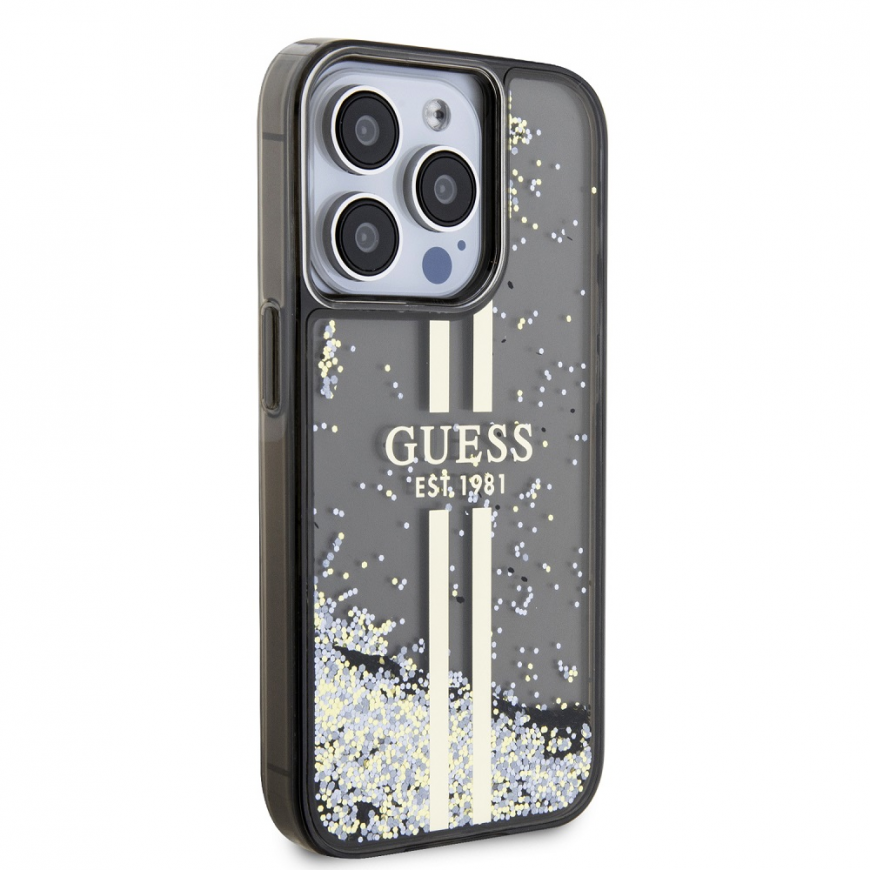 Originalus priekinio skydelio dėklas GUESS GUHCP15LLFCSEGK, skirtas iPhone 15 Pro (Liquid Glitter Gold Stripes / juodas) – 4