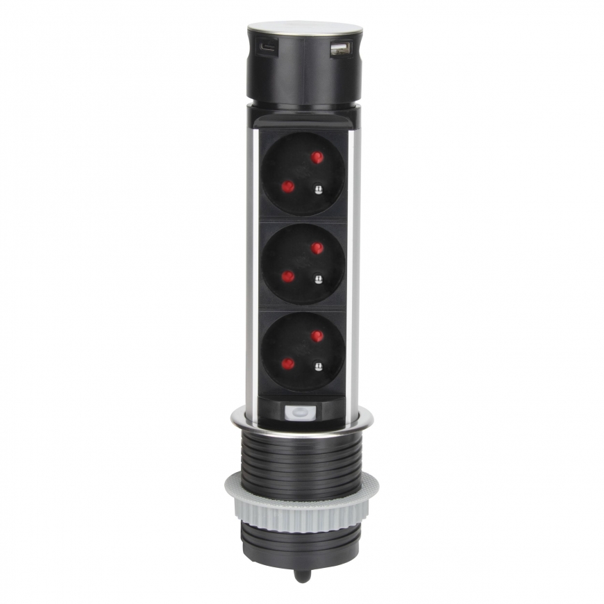 Orno Built-in socket?6cm with USB charger and 1.5m cable, 3x2P+Z, 2xUSB (Type A and C), INOX