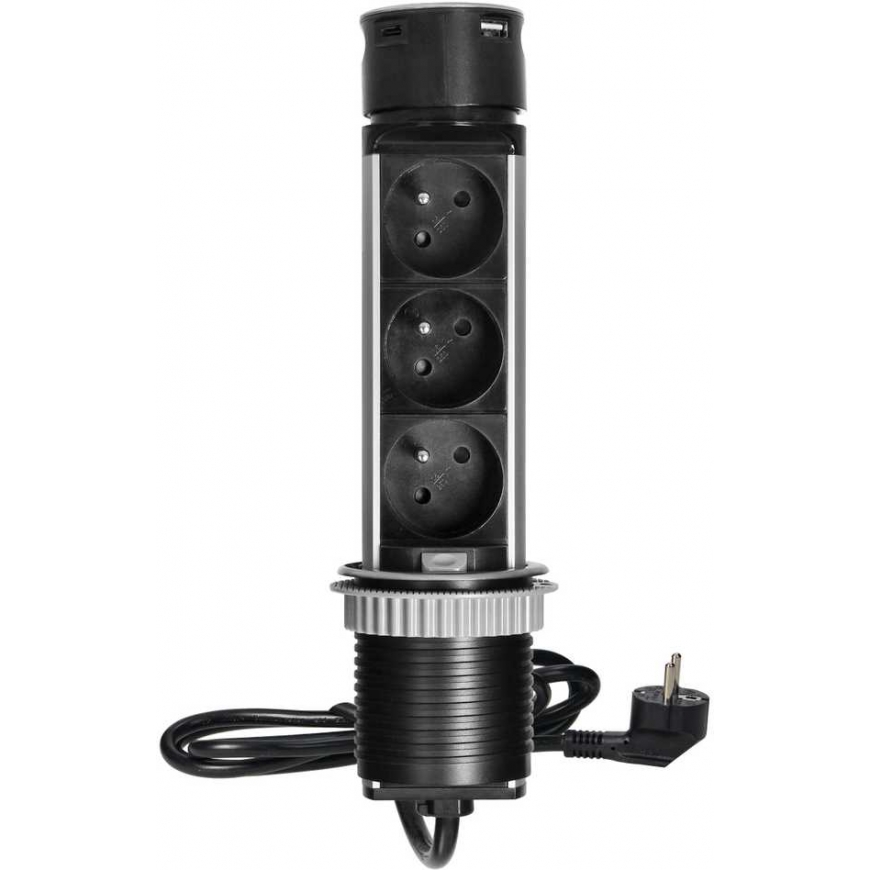 Orno Built-in socket?6cm with USB charger and 1.5m cable, 3x2P+Z, 2xUSB (Type A and C), INOX – 2