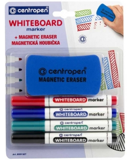 Centropen, komplektas markerów do tablic whiteboard 8559, color, 4vnt., 2.5mm, komplektas markery na bazie alko + gąbka magnetyc