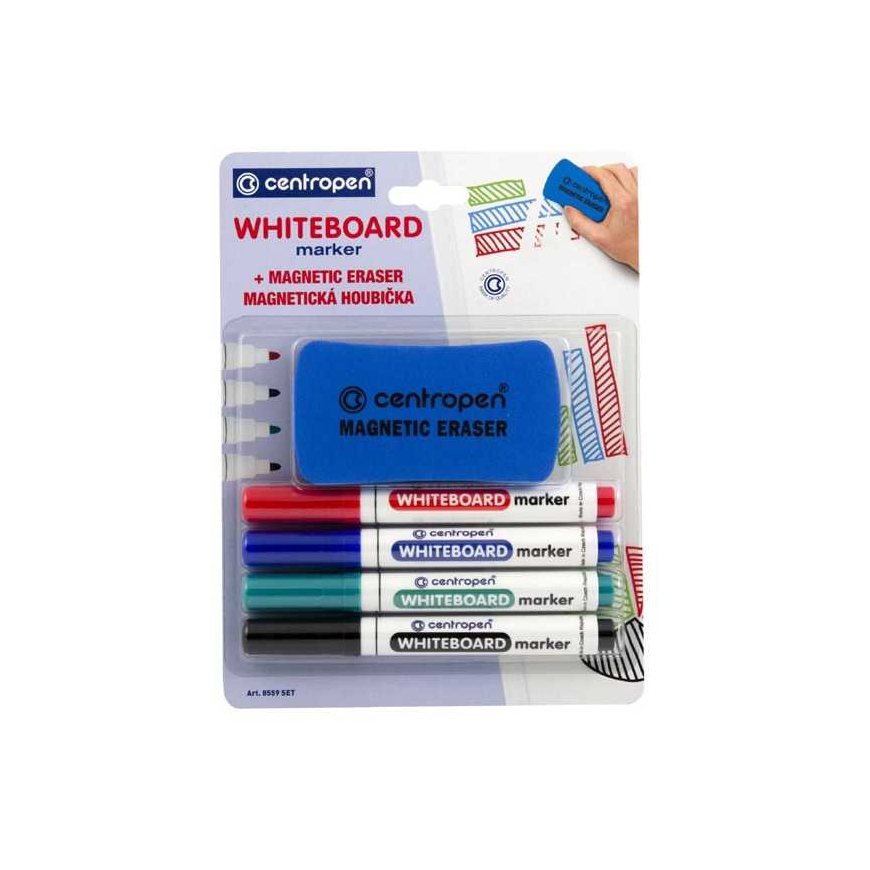 Centropen, komplektas markerów do tablic whiteboard 8559, color, 4vnt., 2.5mm, komplektas markery na bazie alko + gąbka magnetyc – 2