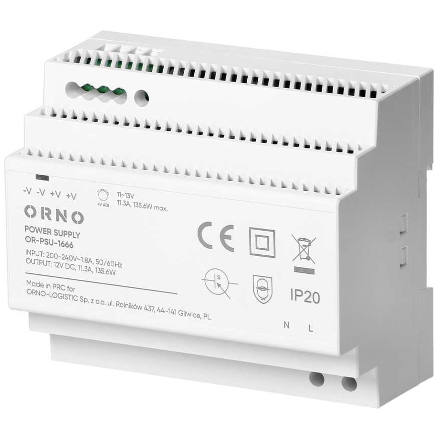 Orno DIN rail power supply, 12VDC, 11.3A, 135.6W, 6 modules – 2