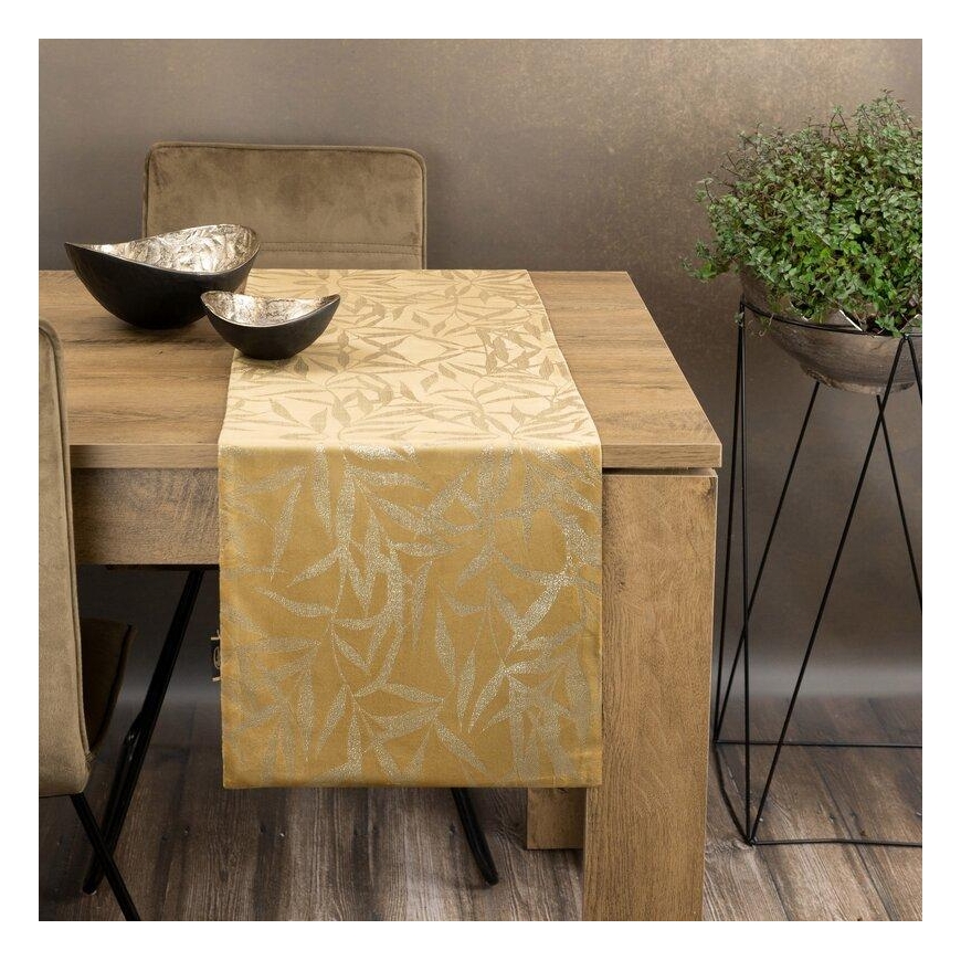 Eurofirany BLINK / 15 Velvet table runner with a delicate light golden branch motif, 35X180 cm, color: gold – 3