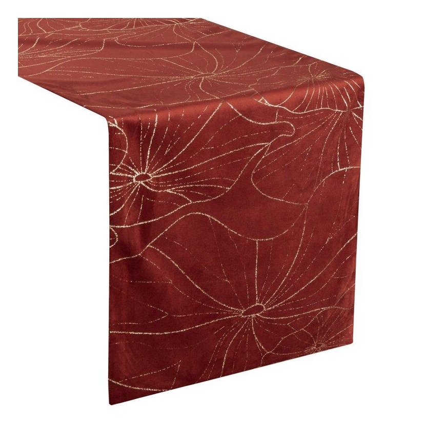 Eurofirany BLINK / 18 Velvet table runner with water lily leaf pattern, 35X220 cm, color: brick – 5