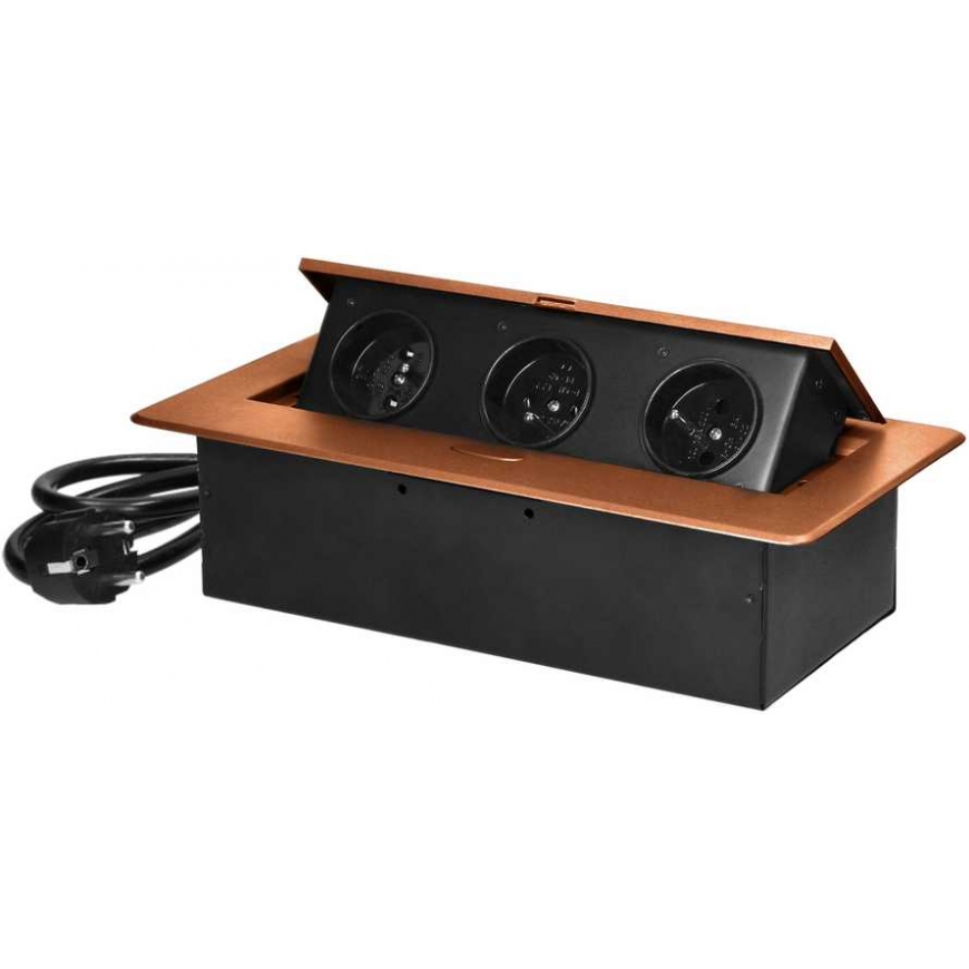 Ornos Tabletop recessed furniture socket with flat milled edge and 1.5 m cable, 3x2P+Z, golden