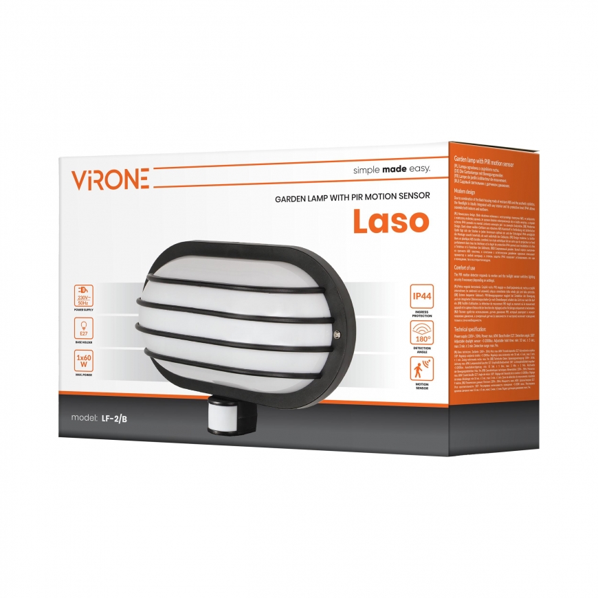 Sieninis šviestuvas Orno LASO, sodo šviestuvas su 180° judesio jutikliu, 1x60W, E27, IP44, plastikinis, juodas – 2
