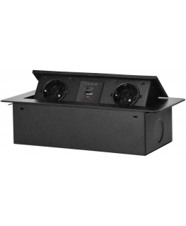 Orno Viršuje įleistas baldų lizdas su plokščiu frezuotu apvadu ir USB įkrovikliu, 2x2P+E (Schuko),2xUSB (A+C tipas 3,6A), juodas