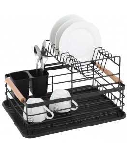 Two-Tier Dish Drying Rack, Steel-Plastic-Wood, Black - KINGHoff KH 1796
